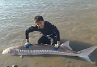 中国14岁少年在国外大河力搏200多斤重白鲟鱼